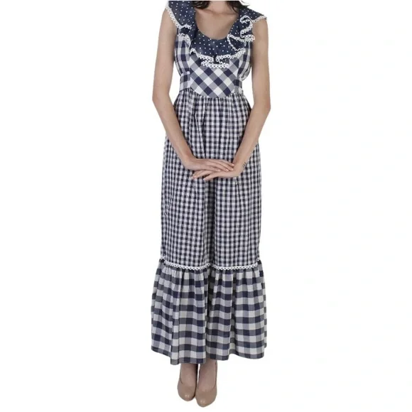 Vintage 70s Blue Gingham Maxi Dress White Checkered Prairie Dress Plaid Long - Picture 1 of 14